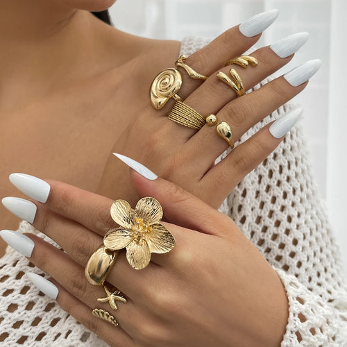8Pcs Vintage Floral & Geometric Ring Set